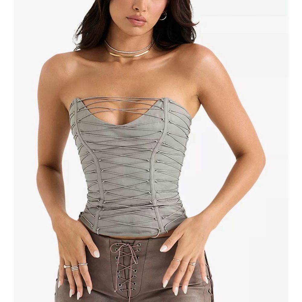 HOUSE OF CB Mirabelle Lace-Up Cotton-Blend Corset Top in ‘Smoke’